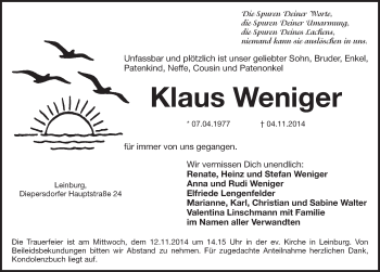 Traueranzeige von Klaus Weniger von Pegnitz-Zeitung